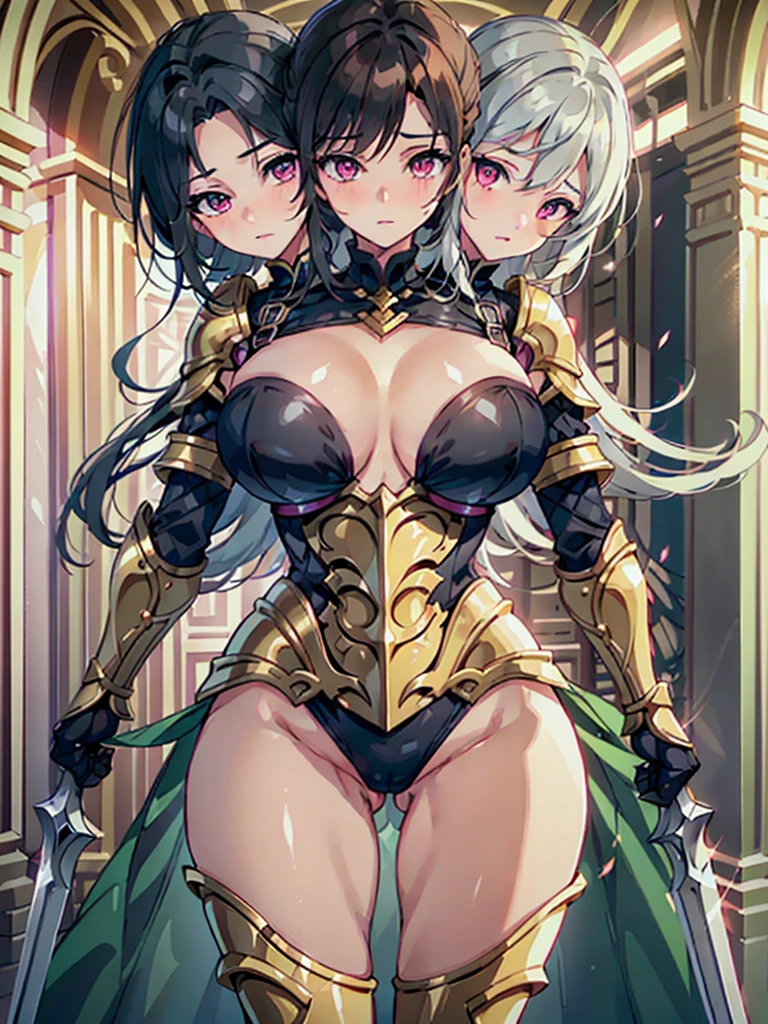 best quality, (masterpiece),(ultra-detailed), (high quality), (high resolution), (4heads:1.5) Gal, blonde hair, black hair, brown hair, large breasts, thighs, silver paladin armor, female paladin, fully armored, medieval outfit, pink eyes, blue eyes, sword, armored chest piece, gorgeous female paladin, Guild Clothes with Armor