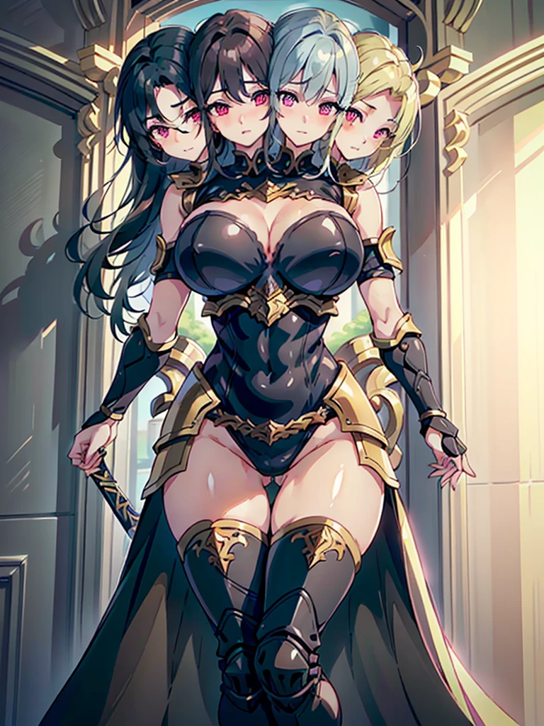 best quality, (masterpiece),(ultra-detailed), (high quality), (high resolution), (4heads:1.5) Gal, blonde hair, black hair, brown hair, large breasts, thighs, silver paladin armor, female paladin, fully armored, medieval outfit, pink eyes, blue eyes, sword, armored chest piece, gorgeous female paladin, Guild Clothes with Armor