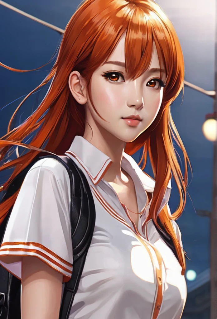 ((highest quality、masterpiece、shining eyes、detailed))、1 cute girl、beautiful face、1girl、young girl、 solo、long hair、cute bangs、 (forehead:1.2)、light brown、(Orange redhead  hair)、 athletic、 neutral、 (baseball shirt、black with white vertical lines 、 open:1.2)、Dark red shirt、 black leather shorts、Fishnet tights、 from below、elegant、 looking at viewer、standing、Isometric light、 (close-up to face:1.3)、4k 