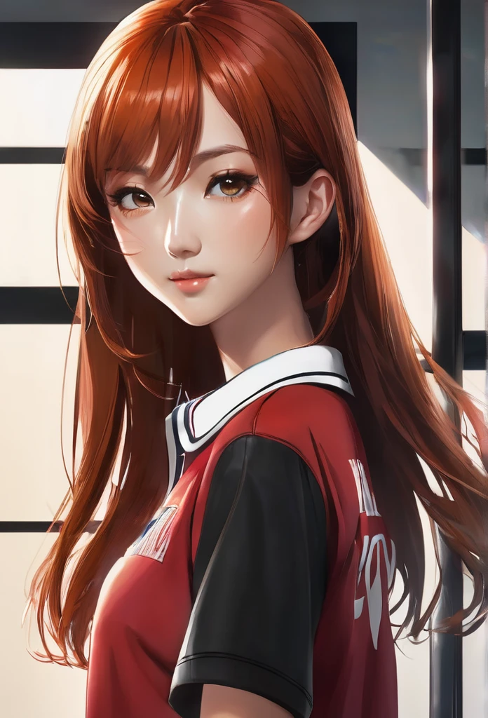 ((highest quality、masterpiece、shining eyes、detailed))、1 cute girl、beautiful face、1girl、young girl、 solo、long hair、cute bangs、 (forehead:1.2)、light brown、(Orange redhead hair)、 athletic、 neutral、 (baseball shirt、black with white vertical lines 、 open:1.2)、Dark red shirt、 black leather shorts、Fishnet tights、 from below、elegant、 looking at viewer、standing、Isometric light、 (close-up to face:1.3)、4k