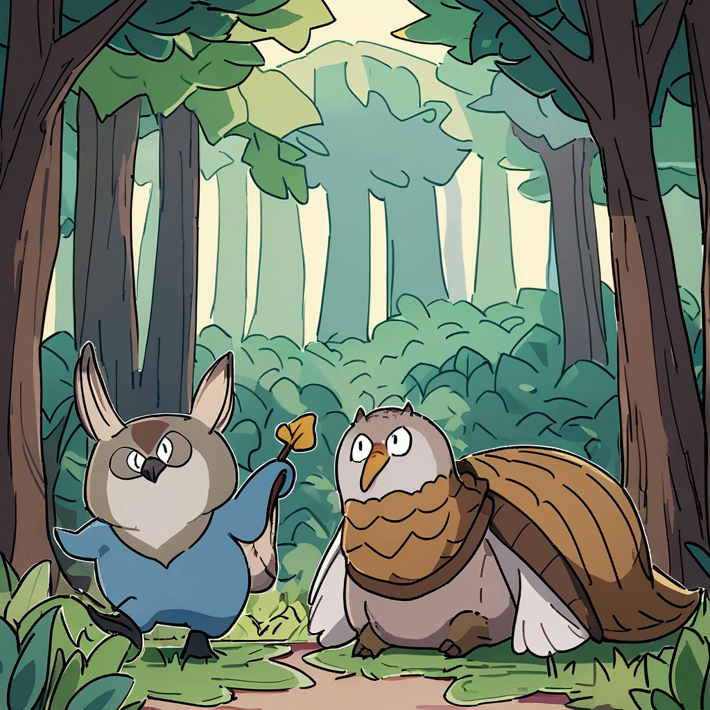 Mr. Curious and Lunara Owl in the forest Drawing of an adventurous armadillo (Dasypus novemcinctus) and a wise owl (These furcata) on a trail in the forest, 8K, no errors in the image, Dasypus novemcinctus com um mapa, These furcata em um galho alto, elements of nature such as trees, Fallen leaves, No writing, no signature.