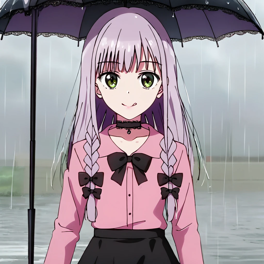 masterpiece, ultra detailed, 8K, solid blue Skyscrapers background, full body shot, Angle looking up from below.happy, a girl, kawaii, light atmosphere, mysterious atmosphere, (Cute a mesugaki girl:1.5), (a girl with closs hair pin,pale purple hair,wavy two braids,bluntbangs hair,green and black eyes,
pink shirt,cosplay, jirai kei, bangs, black skirt, black bow, looking at viewer, bow, long sleeves, choker, ribbon,pink lips,Thick-soled boots,fullbody shot :1.4),A mischievous smile, fangs, licking lips,
(masterpiece:1.3), anime visual, (Lovey-dovey:1.5), (tilt head:1.3), extremely delicate face, soft clean focus, realistic lighting and shading, (an extremely delicate and beautiful art:1.3), elegant, (muted colors:1.1), small breast,slim,(On a rainy day, walking through Shibuya with a black lace umbrella:1.5), expressionless,