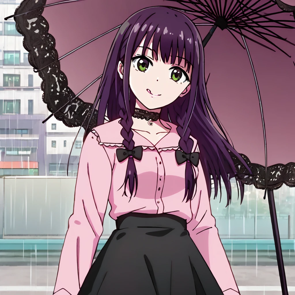 masterpiece, ultra detailed, 8K, solid blue Skyscrapers background, full body shot, Angle looking up from below.happy, a girl, kawaii, light atmosphere, mysterious atmosphere, (Cute a mesugaki girl:1.5), (a girl with closs hair pin,pale purple hair,wavy two braids,bluntbangs hair,green and black eyes,
pink shirt,cosplay, jirai kei, bangs, black skirt, black bow, looking at viewer, bow, long sleeves, choker, ribbon,pink lips,Thick-soled boots,fullbody shot :1.4),A mischievous smile, fangs, licking lips,
(masterpiece:1.3), anime visual, (Lovey-dovey:1.5), (tilt head:1.3), extremely delicate face, soft clean focus, realistic lighting and shading, (an extremely delicate and beautiful art:1.3), elegant, (muted colors:1.1), small breast,slim,(On a rainy day, walking through Shibuya with a black lace umbrella:1.5), expressionless,