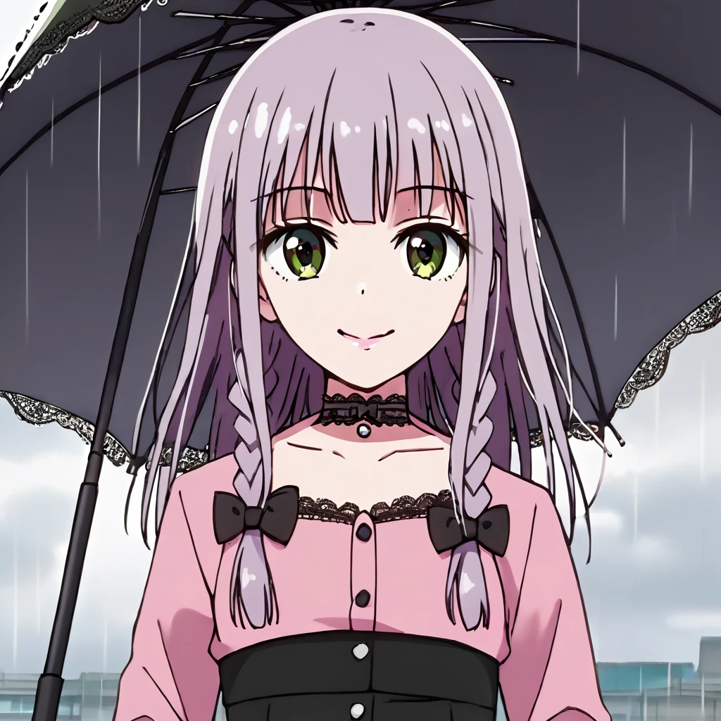 masterpiece, ultra detailed, 8K, solid blue Skyscrapers background, full body shot, Angle looking up from below.happy, a girl, kawaii, light atmosphere, mysterious atmosphere, (Cute a mesugaki girl:1.5), (a girl with closs hair pin,pale purple hair,wavy two braids,bluntbangs hair,green and black eyes,
pink shirt,cosplay, jirai kei, bangs, black skirt, black bow, looking at viewer, bow, long sleeves, choker, ribbon,pink lips,Thick-soled boots,fullbody shot :1.4),A mischievous smile, fangs, licking lips,
(masterpiece:1.3), anime visual, (Lovey-dovey:1.5), (tilt head:1.3), extremely delicate face, soft clean focus, realistic lighting and shading, (an extremely delicate and beautiful art:1.3), elegant, (muted colors:1.1), small breast,slim,(On a rainy day, walking through Shibuya with a black lace umbrella:1.5), expressionless,