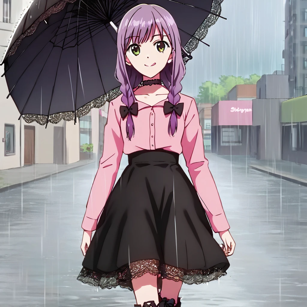 masterpiece, ultra detailed, 8K, solid blue Skyscrapers background, full body shot, Angle looking up from below.happy, a girl, kawaii, light atmosphere, mysterious atmosphere, (Cute a mesugaki girl:1.5), (a girl with closs hair pin,pale purple hair,wavy two braids,bluntbangs hair,green and black eyes,
pink shirt,cosplay, jirai kei, bangs, black skirt, black bow, looking at viewer, bow, long sleeves, choker, ribbon,pink lips,Thick-soled boots,fullbody shot :1.4),A mischievous smile, fangs, licking lips,
(masterpiece:1.3), anime visual, (Lovey-dovey:1.5), (tilt head:1.3), extremely delicate face, soft clean focus, realistic lighting and shading, (an extremely delicate and beautiful art:1.3), elegant, (muted colors:1.1), small breast,slim,(On a rainy day, walking through Shibuya with a black lace umbrella:1.5), expressionless,