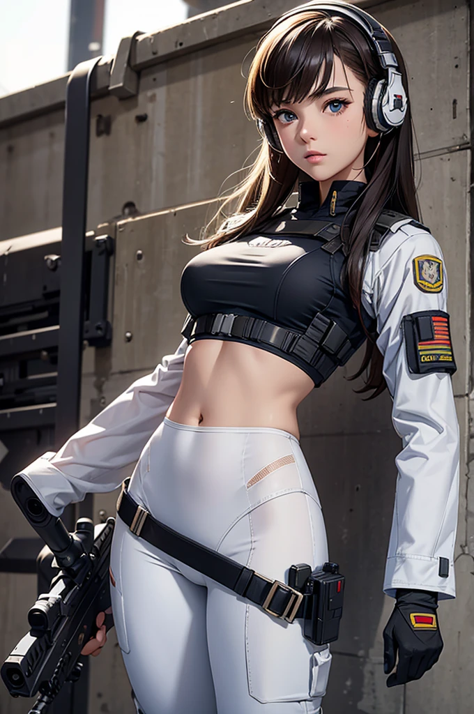 Woman in white holding a rifle and wearing headphones, 24 year old woman, young soldier, mechanized young soldier, Military Girl, beautiful female soldier, Female lead character, Military Girlราบ, Girl's sniper at war, solo female character, Future combat equipment, Half-body close-up, Woman wearing military bulletproof crop top, Show navel, Wear tactical equipment, Wear tactical armor., realistic navel shape