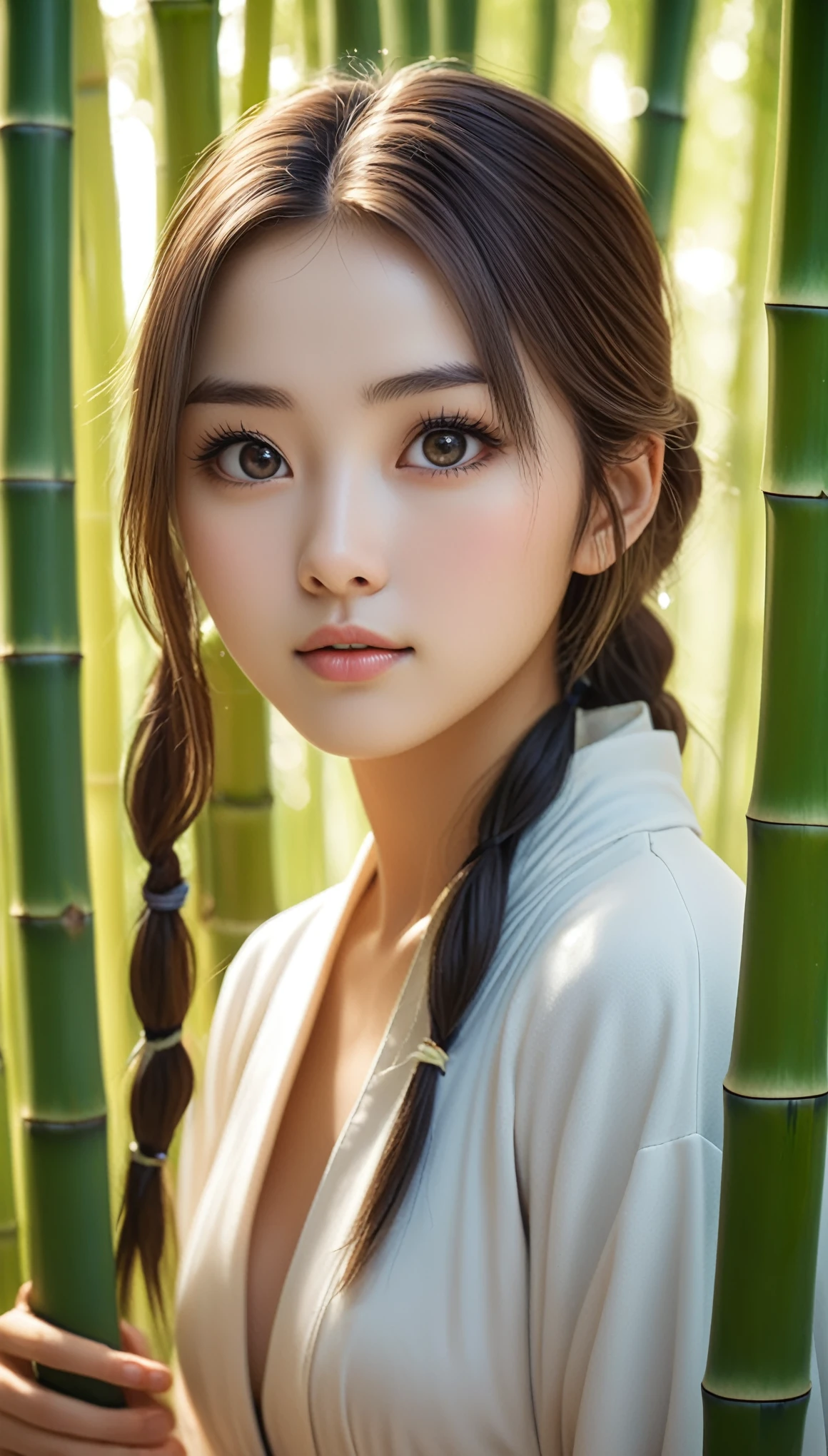 masterpiece, best quality, soft lighting, absurdres, 1girl, solo focus, skin imperfection, skindentation, perfect face, puffy face, beautiful face, big eyes, puffy eyes, perfect eyes, eyelashes, 
Hu Tao (genshin impact) from genshin impact, outdoor, bamboo forest, 8k, UHD, HDR, (Masterpiece:1. 5), (best quality:1. 5)
traditional japanese clothing.