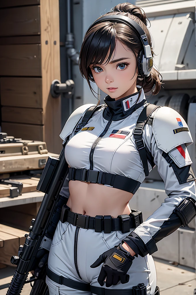 Woman in white holding a rifle and wearing headphones, 24 year old woman, young soldier, mechanized young soldier, Military Girl, beautiful female soldier, Female lead character, Military Girlราบ, Girl's sniper at war, solo female character, Future combat equipment, Half-body close-up, Woman wearing military bulletproof crop top, Show navel, Wear tactical equipment, Wear tactical armor., realistic navel shape