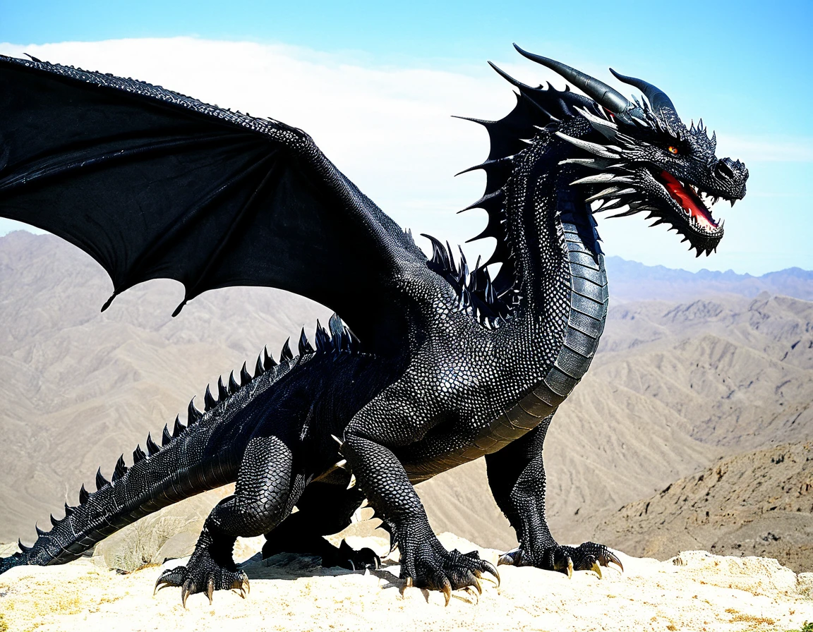 A realistic black big dragon, so realistic that he could exist. Like the G.O.T dragons, with a long neck. His front legs are his wings