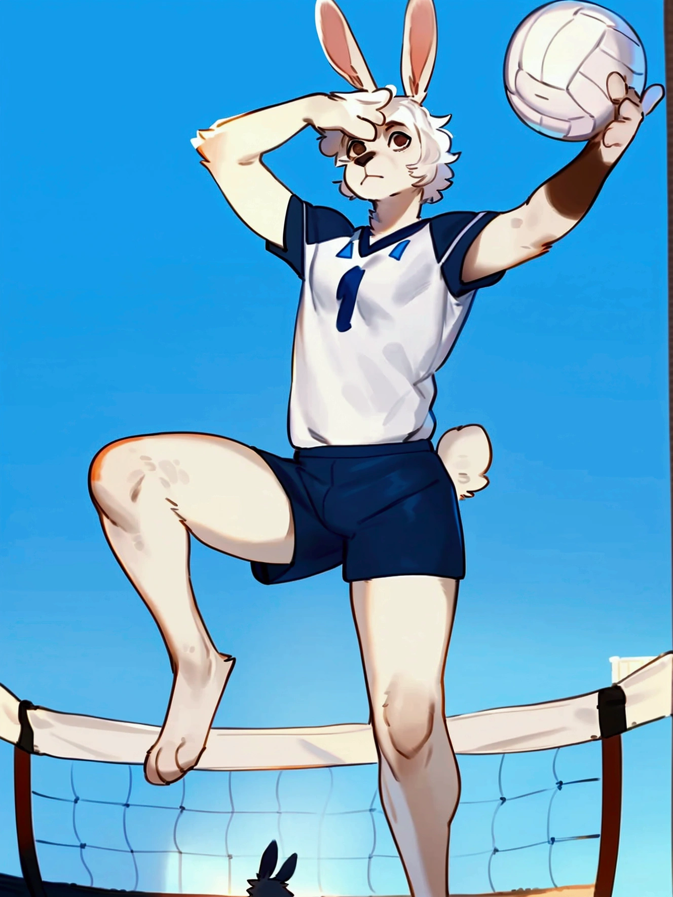 By bebebebebe, by lostgoose, by goonie-san, furry, male, bunny, serious, brown eyes, fit, slim, white fur, curly white hair, jersey, shorts, volleyball, stadium background, jumping, right arm behind head, left arm pointing up, legs bent, facing camera