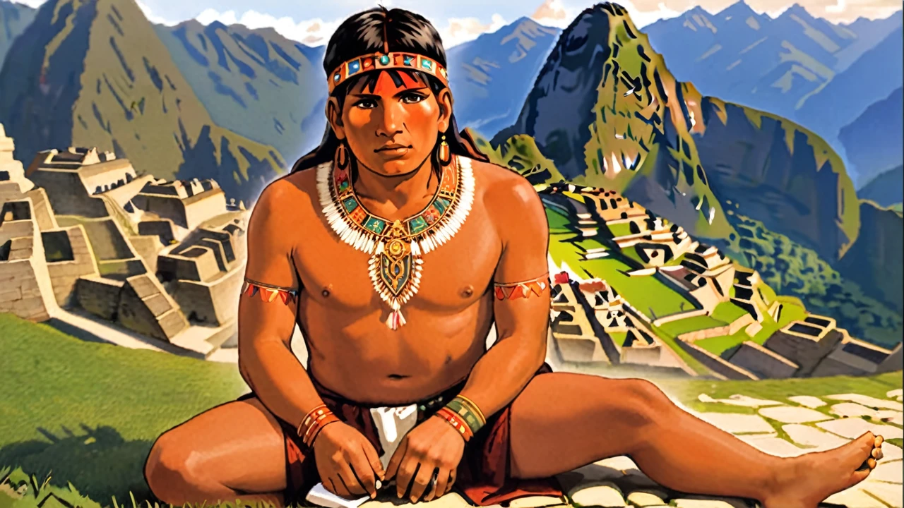 Inca drunk on the ground of Macchu Picchu with chicha bottles around him, bare torso, on his head he wears the mascaypacha