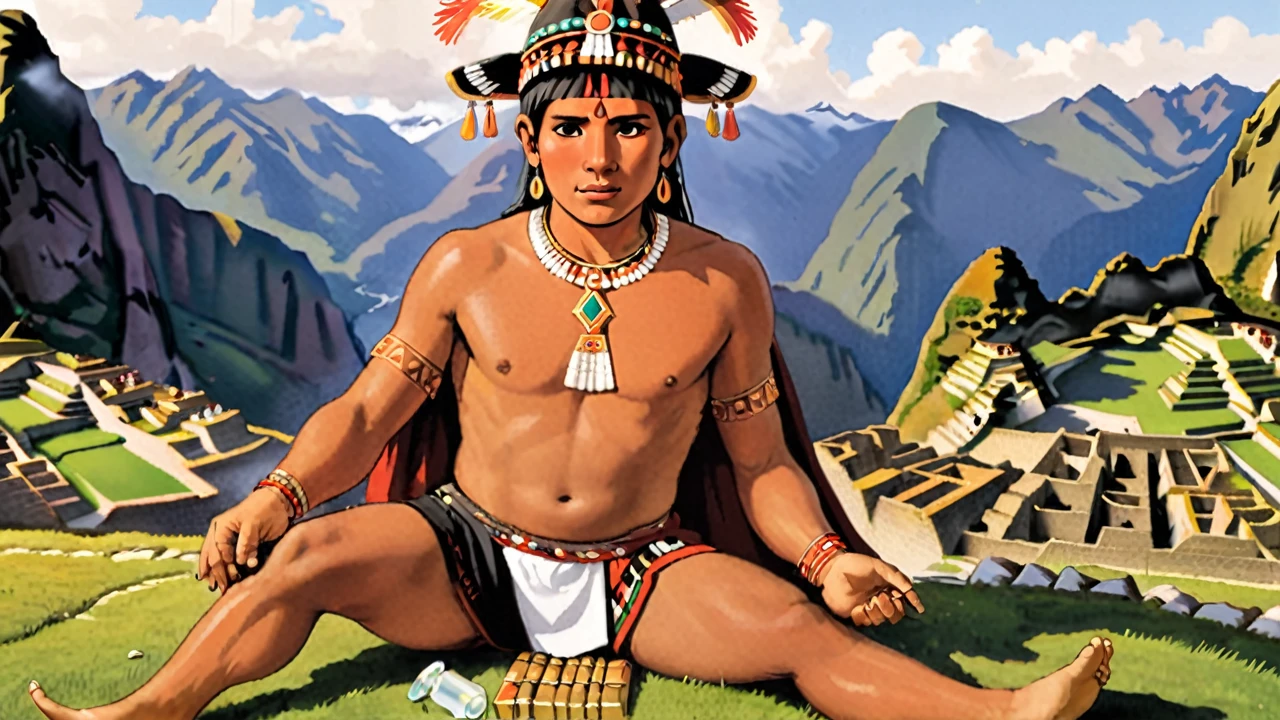 Inca drunk on the ground of Macchu Picchu with chicha bottles around him, bare torso, on his head he wears the mascaypacha