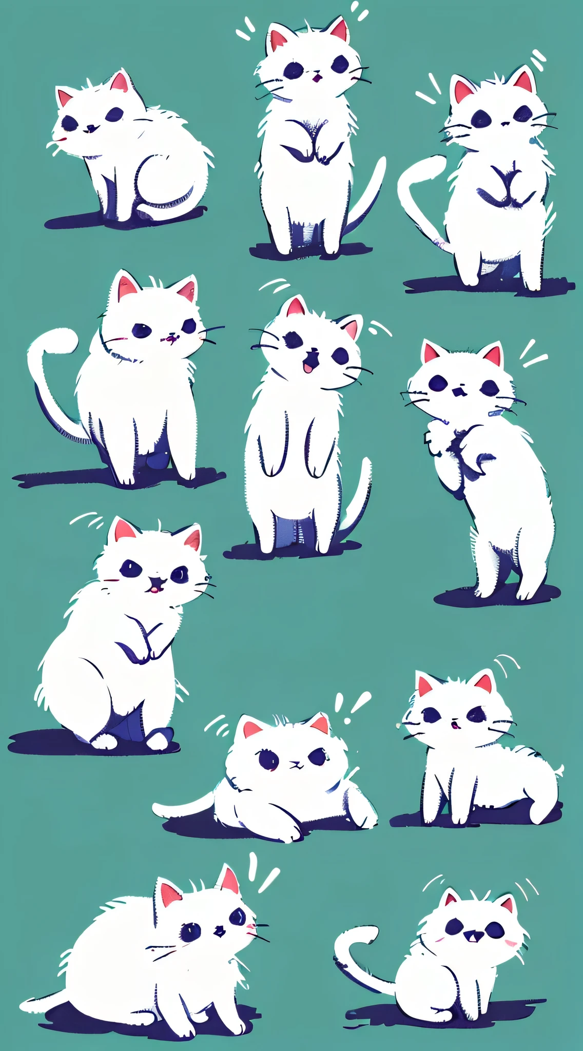 grotesque little white cat with various expressions and movements of cute white cartoon small animals depicted with simple strokes in a flat style illustration style. Bold lines and bright colors are used with a black border outline on a green color background.