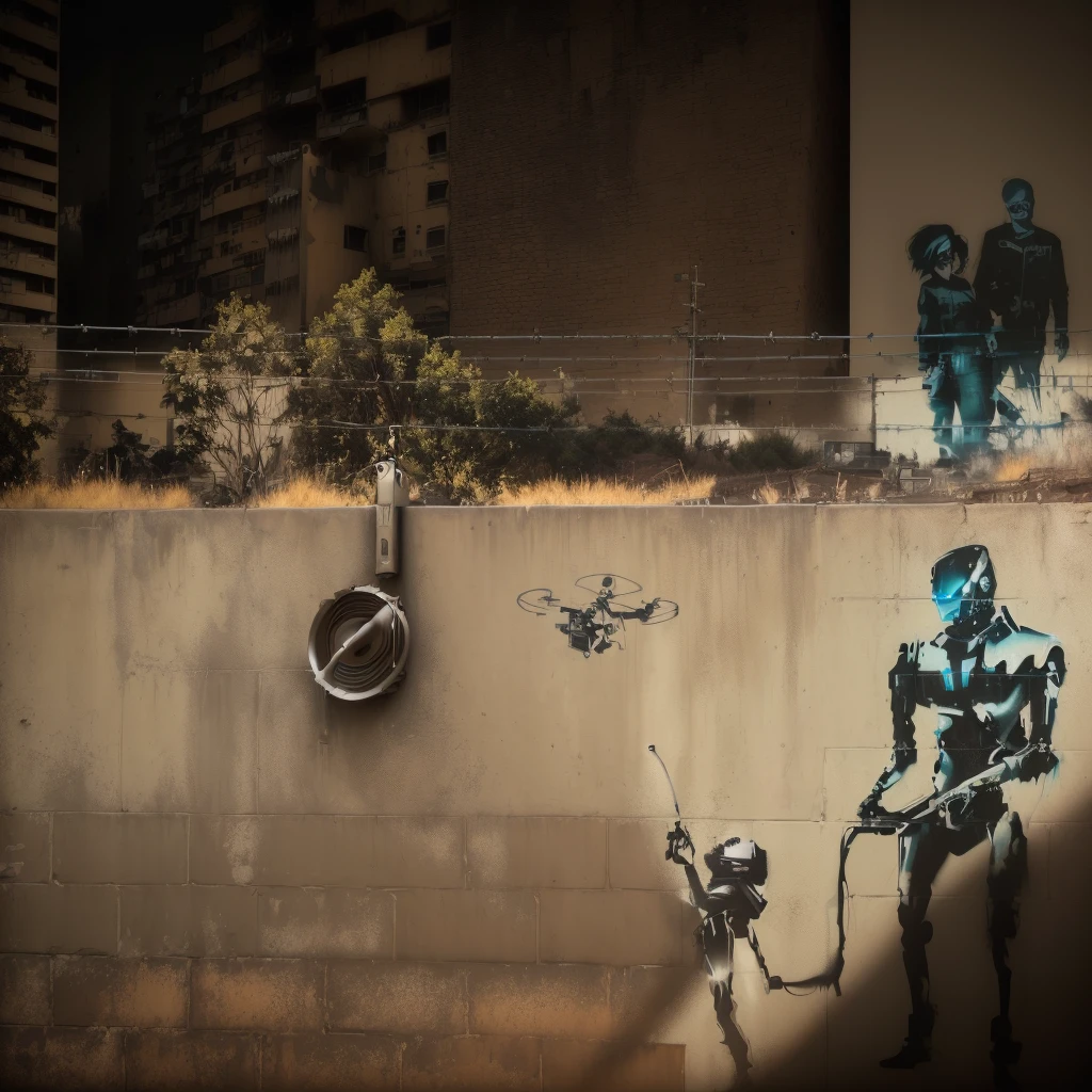 graffiti on a wall with a man and a robot on it, by Steven Belledin, by Kurt Roesch, style of banksy, inspired by Banksy, photo realistic”, urban graffiti banksy, matte painting ”, matte painting”, hyperrealistic ”, hyperrealistic”, by Alexis Grimou, by Steven James Petruccio, still from a music video, myth, banksy graffiti