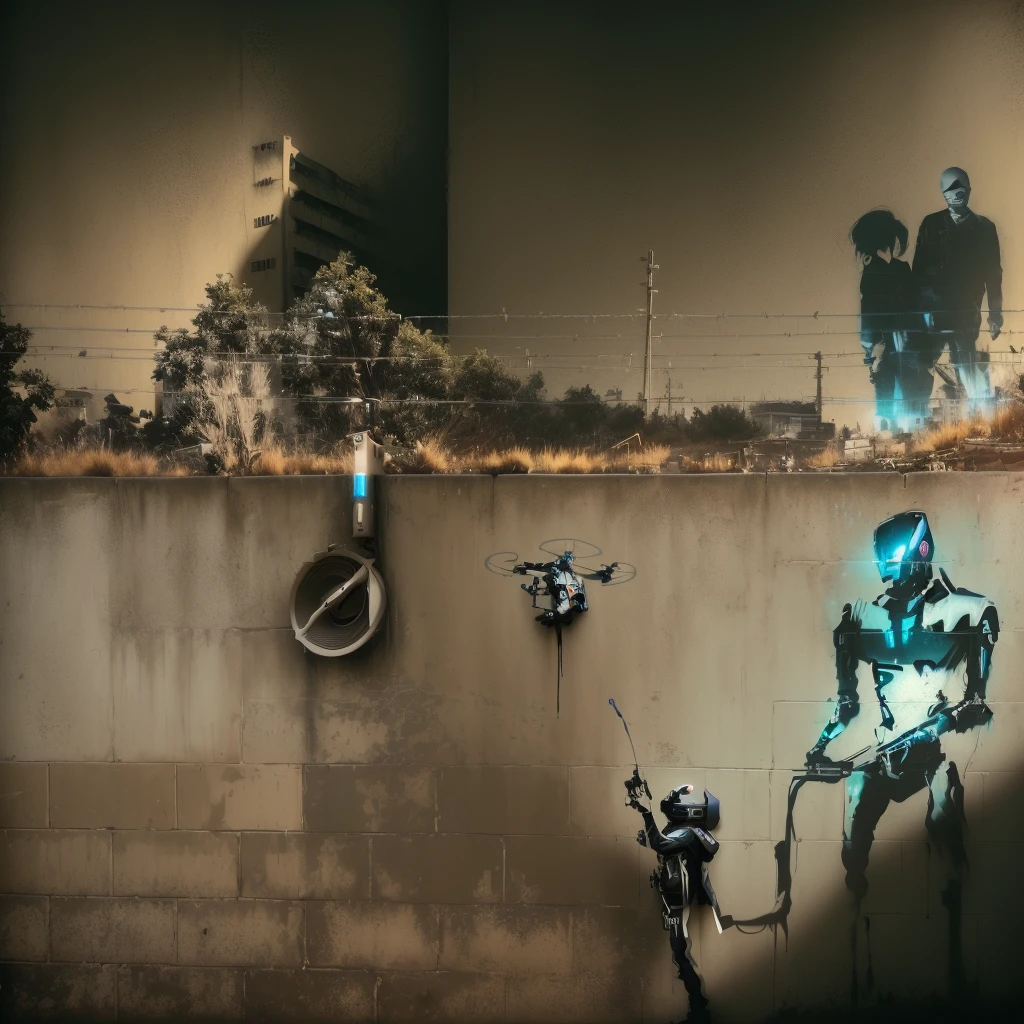 graffiti on a wall with a man and a robot on it, by Steven Belledin, by Kurt Roesch, style of banksy, inspired by Banksy, photo realistic”, urban graffiti banksy, matte painting ”, matte painting”, hyperrealistic ”, hyperrealistic”, by Alexis Grimou, by Steven James Petruccio, still from a music video, myth, banksy graffiti