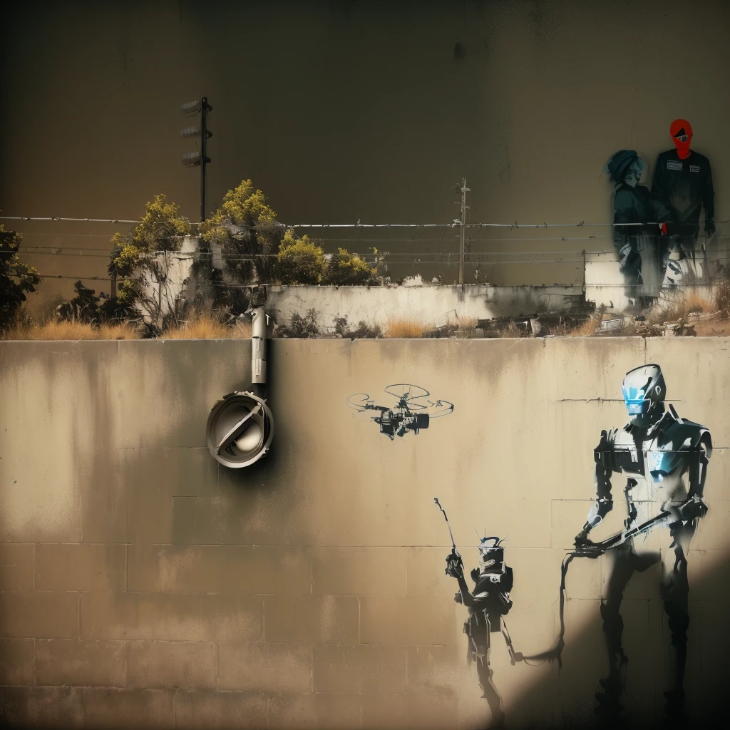 graffiti on a wall with a man and a robot on it, by Steven Belledin, by Kurt Roesch, style of banksy, inspired by Banksy, photo realistic”, urban graffiti banksy, matte painting ”, matte painting”, hyperrealistic ”, hyperrealistic”, by Alexis Grimou, by Steven James Petruccio, still from a music video, myth, banksy graffiti