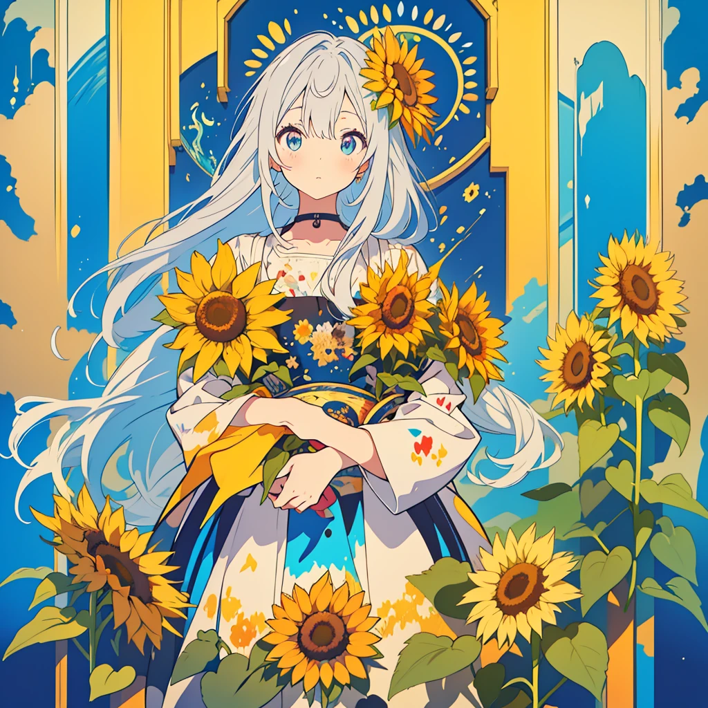 kawaii, anime, Cute, hyper quality, highly detailed, 16k, Front facing, Clarity, full body, one twenty year old woman, stain the whole thing with colorful ink, long silver hair, lapis lazuli eyes, paint color, countless sunflowers, surrounded by sunflowers, Trapped inside a Van Gogh painting, ephemeral, paint, paint, brush, live inside the canvas, art supplies, oil, wonder, mysterious, rainbow colored sunflowers, Richly colored, Brightly colored sunflowers, highlight on eyes, splattered ink, scribble, countless handwritings, color palette, the bell rings, long hair flowing, Draw eyes clearly, art, taken in by sunflowers,