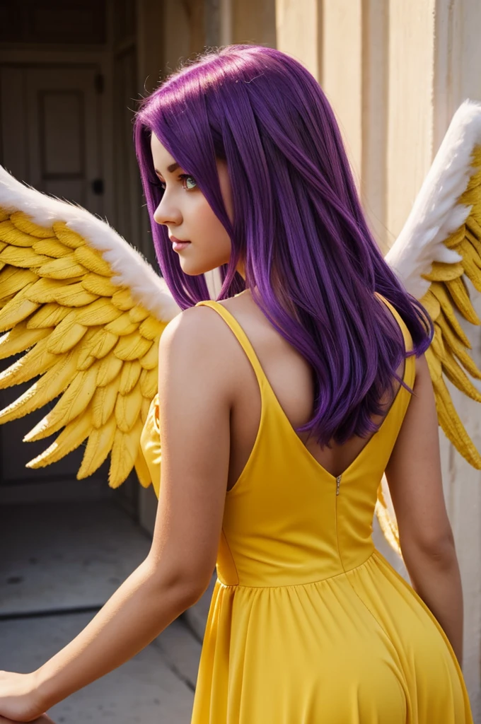 girl with purple hair, yellow eyes, Red dress, with pretty angel wings
