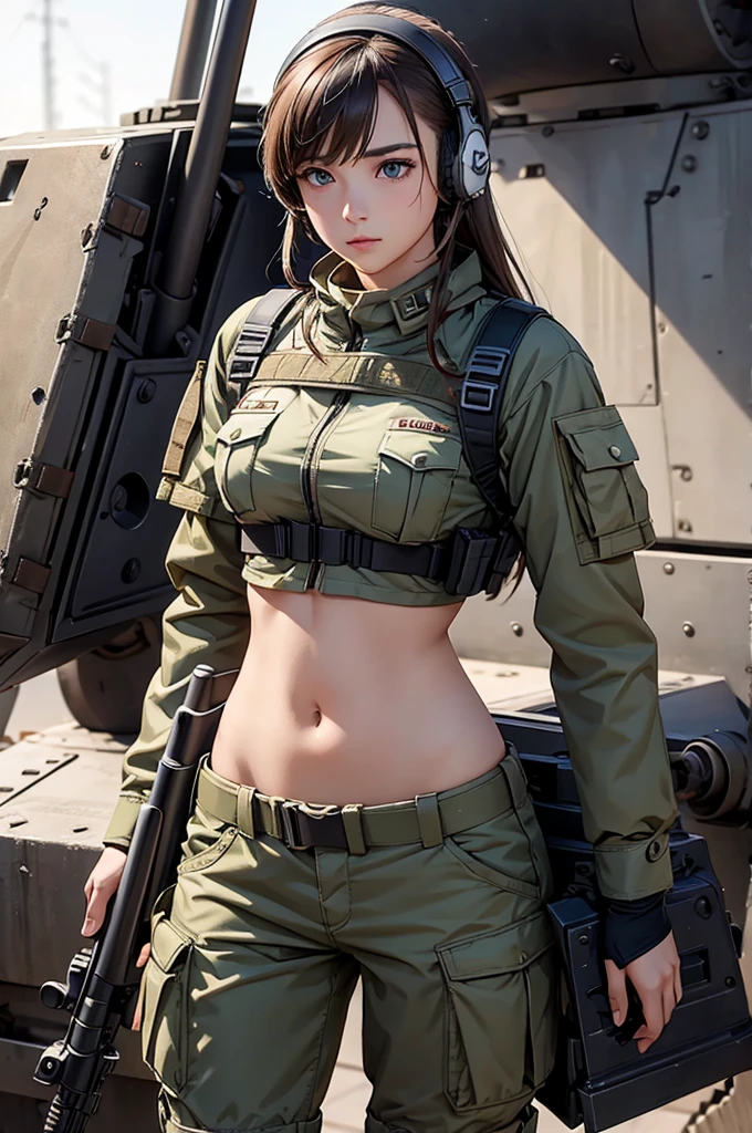 Woman in white holding a rifle and wearing headphones, 24 year old woman, young soldier, mechanized young soldier, Military Girl, beautiful female soldier, Female lead character, Military Girlราบ, Girl's sniper at war, solo female character, Future combat equipment, Half-body close-up, Woman wearing military bulletproof crop top, Show navel, Wear tactical equipment, Wear tactical armor., realistic navel shape