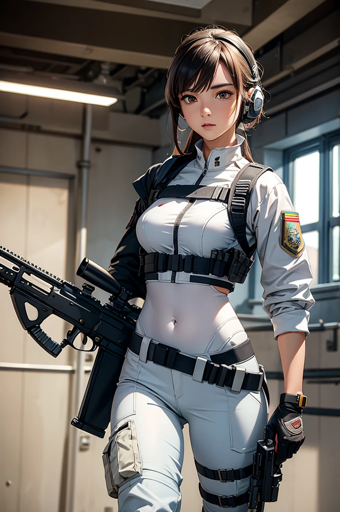 Woman in white holding a rifle and wearing headphones, 24 year old woman, young soldier, mechanized young soldier, Military Girl, beautiful female soldier, Female lead character, Military Girlราบ, Girl's sniper at war, solo female character, Future combat equipment, Half-body close-up, Woman wearing military bulletproof crop top, Show navel, Wear tactical equipment, Wear tactical armor., realistic navel shape