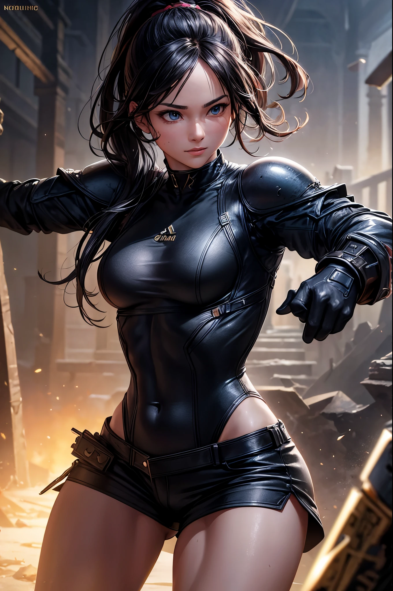 8K,younger sister,so beautiful(Like the real thing),Toned, muscular body,sexy,clear narrow eyes,black eye,Cool smile,Blue combat jacket,Black Shirt,Black combat pants,short,Compensate,Ultra-Realistic Skin,compensate,masterpiece,Photorealistic RAW photos of the highest quality。Bright colors,Rich colors, Backlight, Cinema Lighting, Film Grain, 50mm lens, Nikon D850,Detailed character art,Fantasy art,Ultra-high resolution,Ultra-Realistic Skin,Perfect hand shape,In front of the abandoned temple,Beautiful expression,close,Very small breasts,Muscular Beauty,Dynamic fighting pose,ponytail,