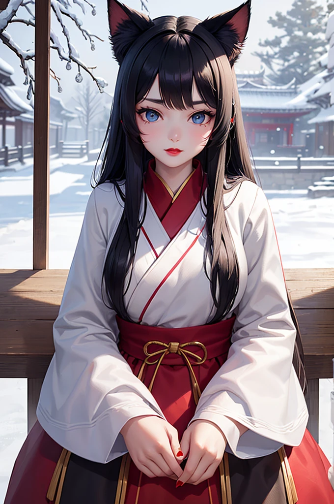 Detailed facial details，16 years old，1 girl，Red lips，Cat ear，Black long hair，Wearing snow-white lace pajamas，Large Breasts，Slim，Handcuffs，Collar，Radiant Skin，Sitting on the bed，bedroom