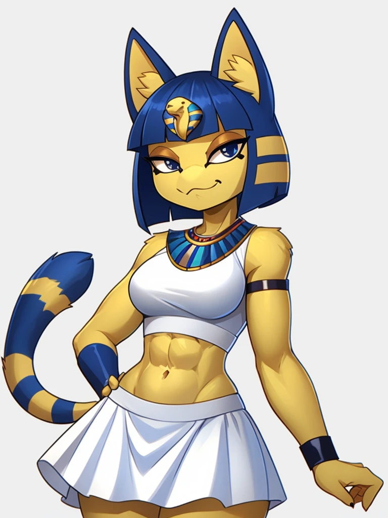 ((masterpiece)), ((best quality)), ((perfect face)), trending on artstation, furry style, anthro style, furry, digital artwork of ankha with abs, a bare midriff and a bare navel wearing a crop top sleeveless white dress with white long dress skirt, blue Egyptian handbands, cat, cat tail, yellow and blue fur, Egyptian setting, smirking, female