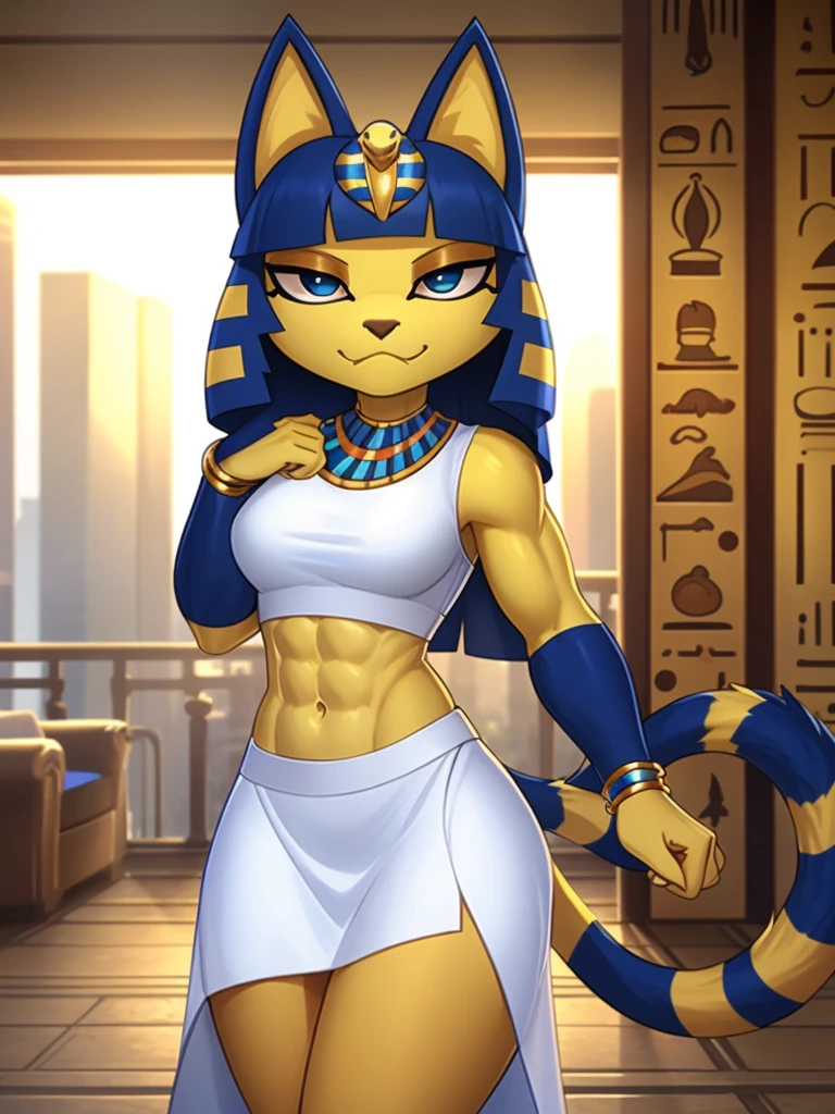 ((masterpiece)), ((best quality)), ((perfect face)), trending on artstation, furry style, anthro style, furry, digital artwork of ankha with abs, a bare midriff and a bare navel wearing a crop top sleeveless white dress with white long dress skirt, blue Egyptian handbands, cat, cat tail, yellow and blue fur, Egyptian setting, smirking, female