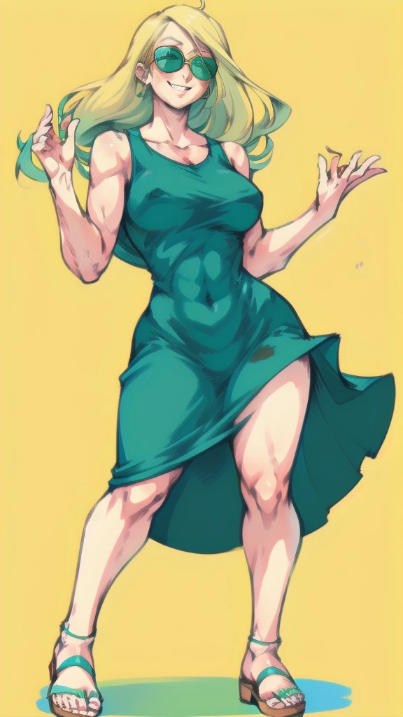 Full body image of Leni Loud from The Loud House, full body in image, wearing her original outfit (mint green dress, white sandals, and white sunglasses on head), long blonde hair, female body, tall and slender body, dynamic pose, detailed pose, simple background, expressive face showing a cheerful smile, focus on face, line art, sketch