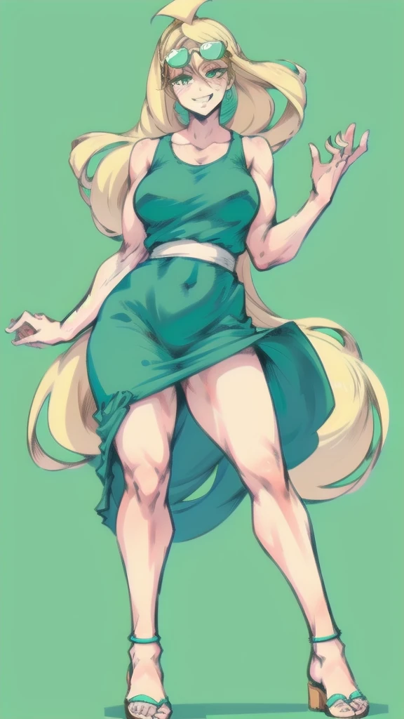 Full body image of Leni Loud from The Loud House, full body in image, wearing her original outfit (mint green dress, white sandals, and white sunglasses on head), long blonde hair, female body, tall and slender body, dynamic pose, detailed pose, simple background, expressive face showing a cheerful smile, focus on face, line art, sketch