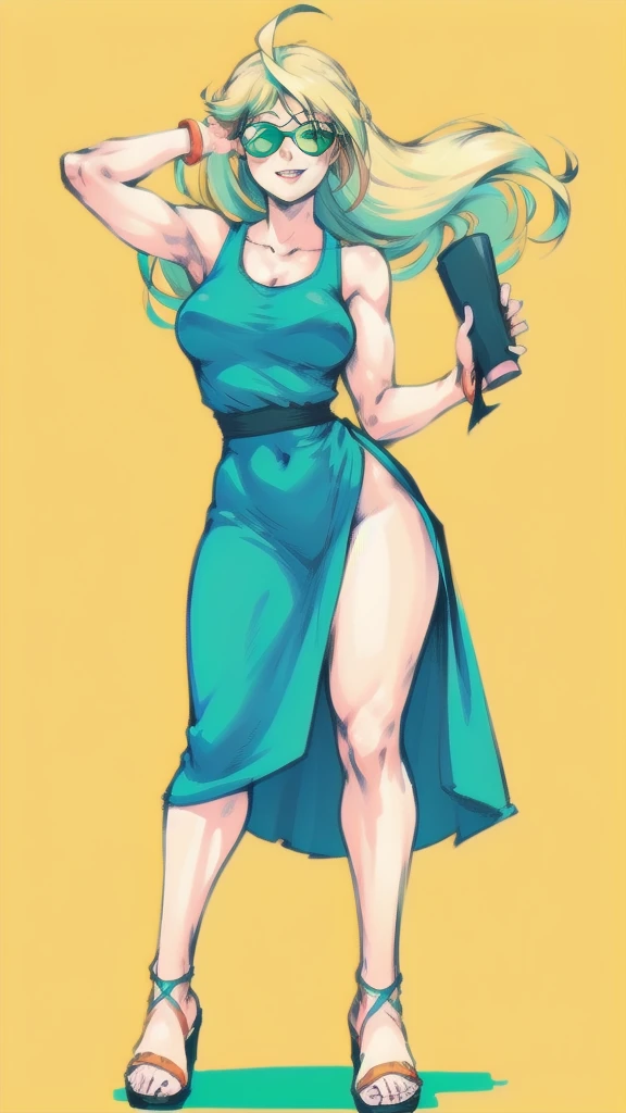 Full body image of Leni Loud from The Loud House, full body in image, wearing her original outfit (mint green dress, white sandals, and white sunglasses on head), long blonde hair, female body, tall and slender body, dynamic pose, detailed pose, simple background, expressive face showing a cheerful smile, focus on face, line art, sketch