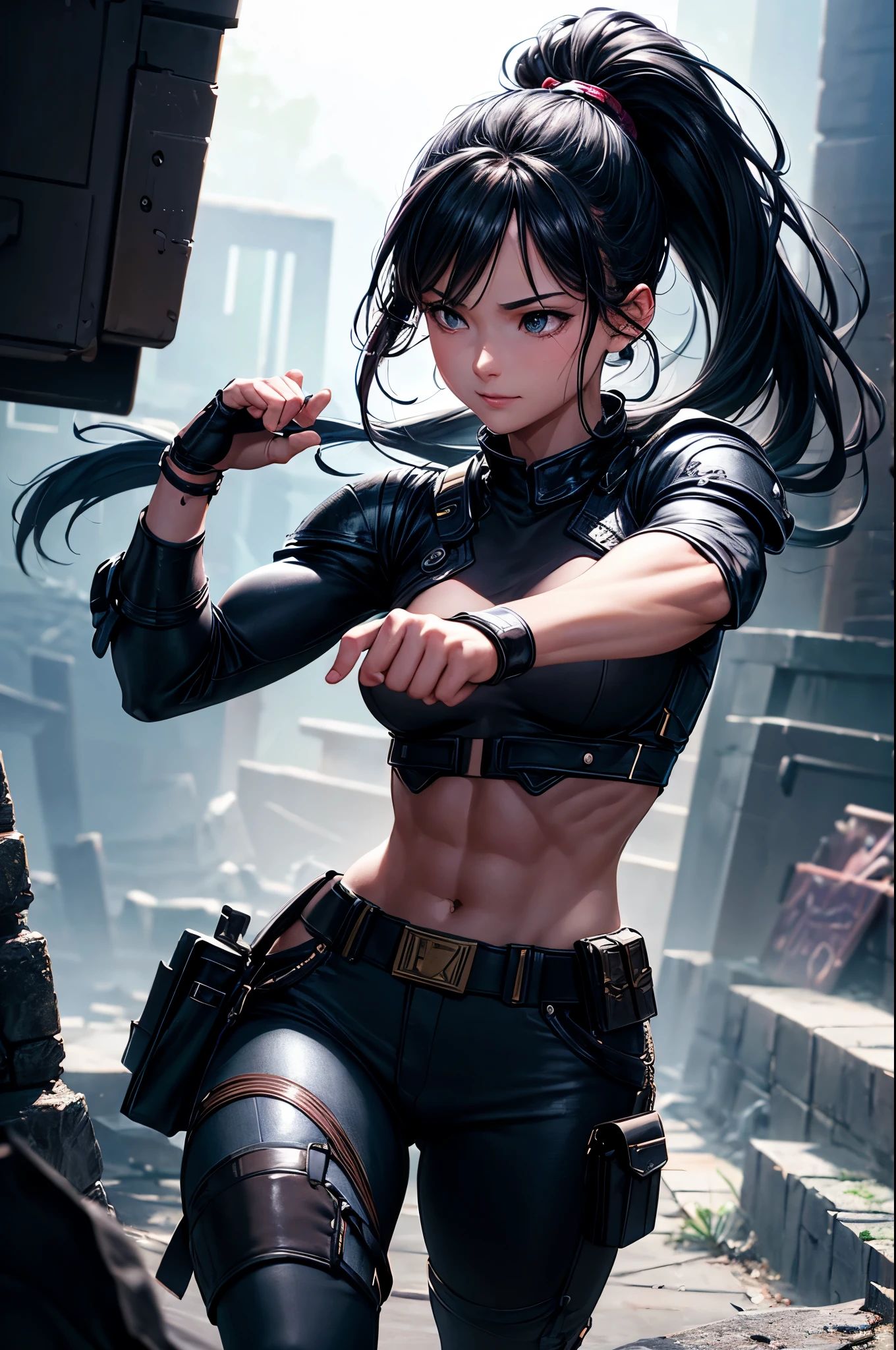 8K,younger sister,so beautiful(Like the real thing),Toned, muscular body,sexy,clear narrow eyes,black eye,Cool smile,Blue combat jacket,Black Shirt,Black combat pants,short,Compensate,Ultra-Realistic Skin,compensate,masterpiece,Photorealistic RAW photos of the highest quality。Bright colors,Rich colors, Backlight, Cinema Lighting, Film Grain, 50mm lens, Nikon D850,Detailed character art,Fantasy art,Ultra-high resolution,Ultra-Realistic Skin,Perfect hand shape,In front of the abandoned temple,Beautiful expression,close,Very small breasts,Muscular Beauty,Dynamic fighting pose,ponytail,
