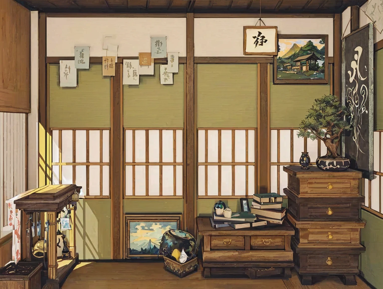 There is a room，There are a lot of furniture and a window inside, Personal room background, Inspired by Yoshida Toshi, room of the nameless painter, Japanese Houses, Studio Ghibli bedroom, Inspired by Watanabe Shotasu, Anime Background Art, Studio Ghibli Aesthetics, Japanese influence, Warm home background, Detailed scenery —width 672