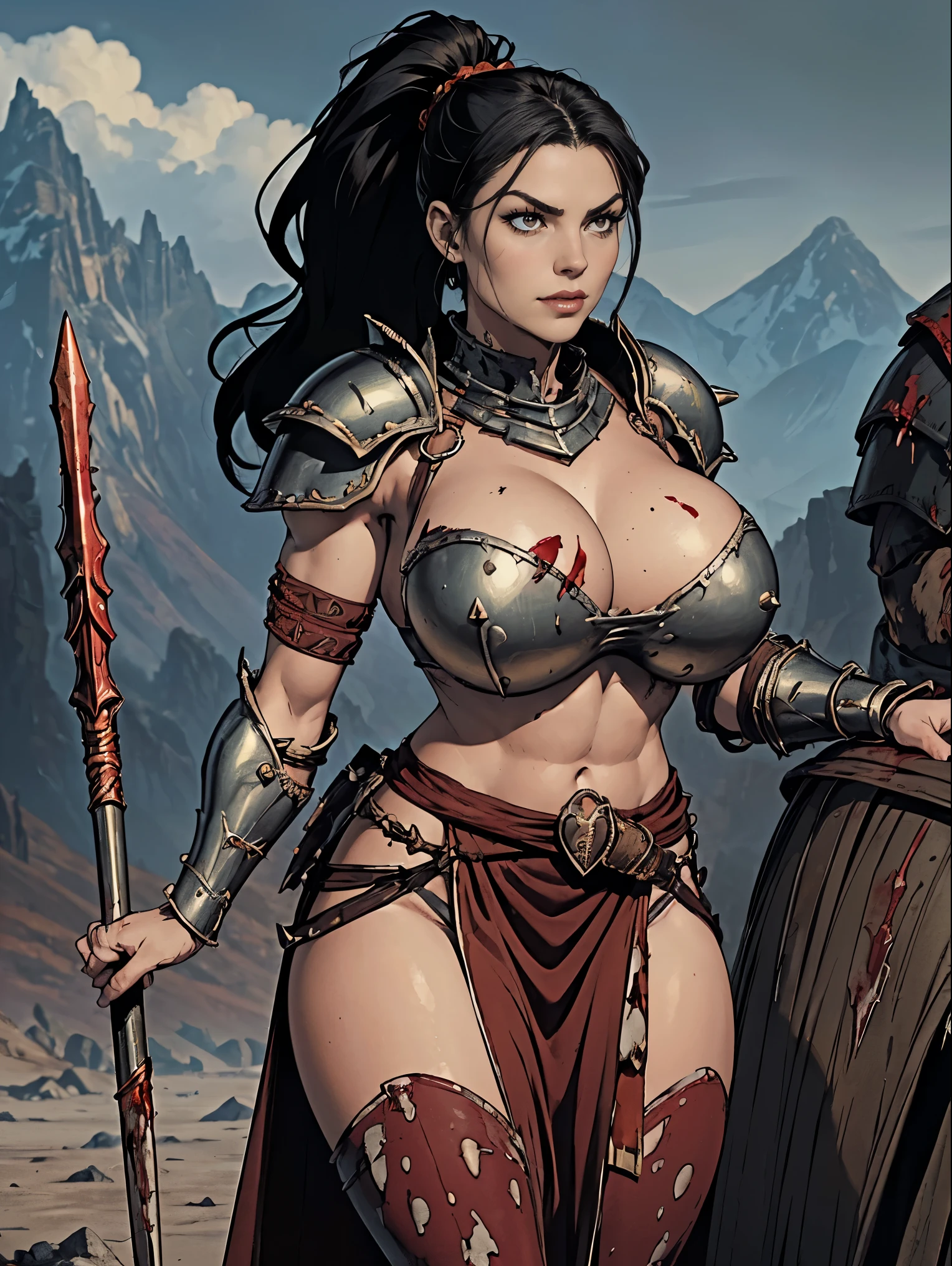 (masterpiece, top quality, best quality, official art, beautiful and aesthetic:1.2), (1girl:1.3), ((Sharp facial features, sharp features, hawkish features)), ((pale skin, orange eyes, big hair, long black hair, ponytail)), big tiddy chaos warrior girl, extremely detailed, portrait, looking at viewer, solo, (full body:0.6), detailed background, full-body shot, (hot desert mountain theme:1.1), chaos warrior, (spiky helmet), charlatan, smirk, mysterious, swaying in mountains, armor, red metal, brass trim, long boots, blood red fabric, pelvic curtain, loincloth, black leather, ((((spear, heavy armor, blood, blood splatter, armored, gigantic breasts, long legs, pelvic curtain, toned, muscular)))), cute belly button, toned tummy, slim waist, slim hips, long legs, medieval (mountain exterior:1.1) background, dark mysterious lighting, shadows, magical atmosphere, dutch angle