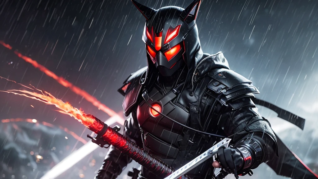 Black Cyber Samurai, Alone, Cyberpunk, Oriental, Katana, Fire eye, Fox Mask, Black Costume, Red Armor, Katana, Fire eye, In The Middle of Rain
