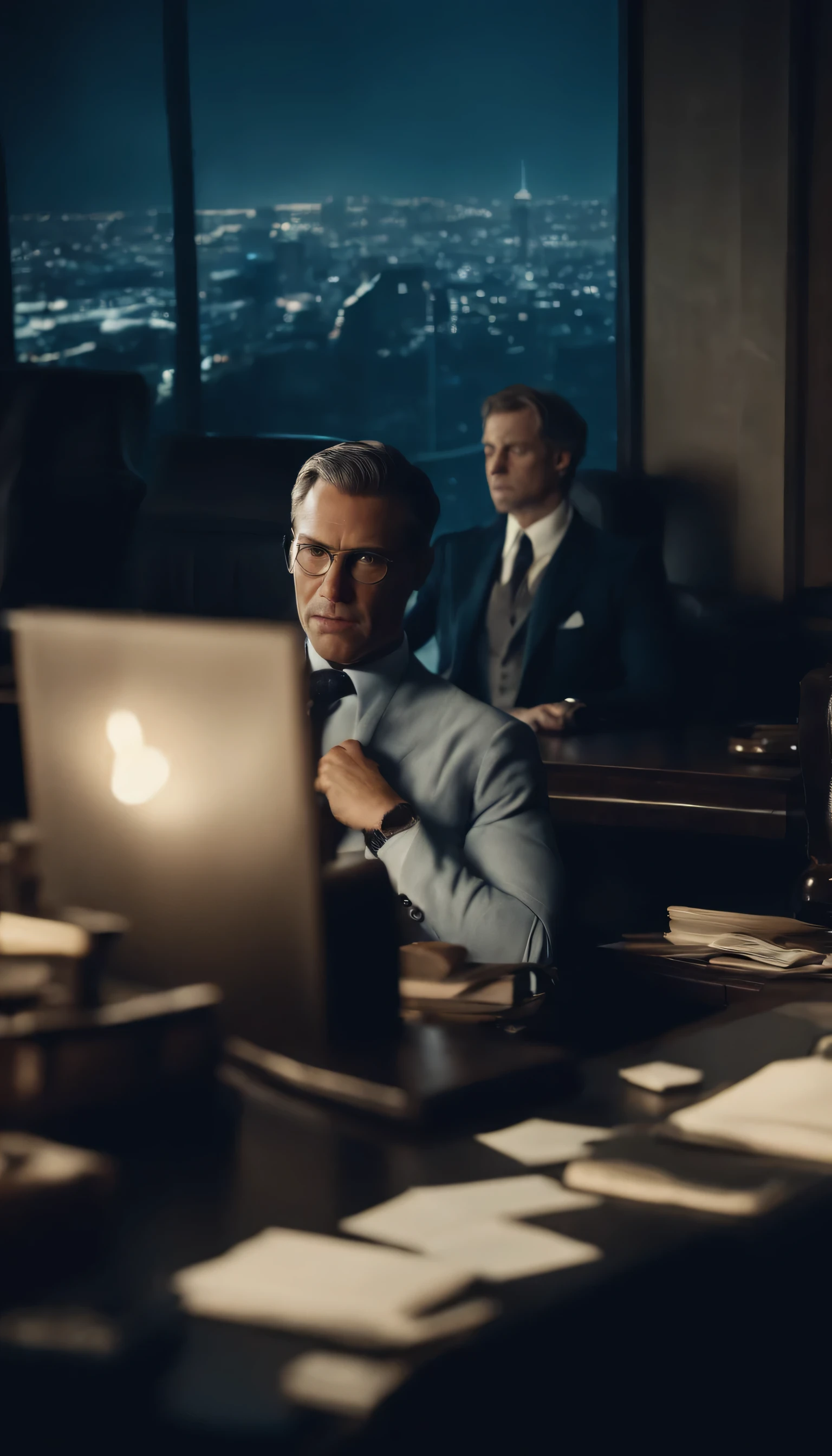 Marcus, a wealthy man sitting by his desk as the boss, Marcus sending his secretary angrily out of the office,
8k epic-realistic imagery, blue scenery like a movie scene, old american setting, inspired by blade runner movie scene, blue tone