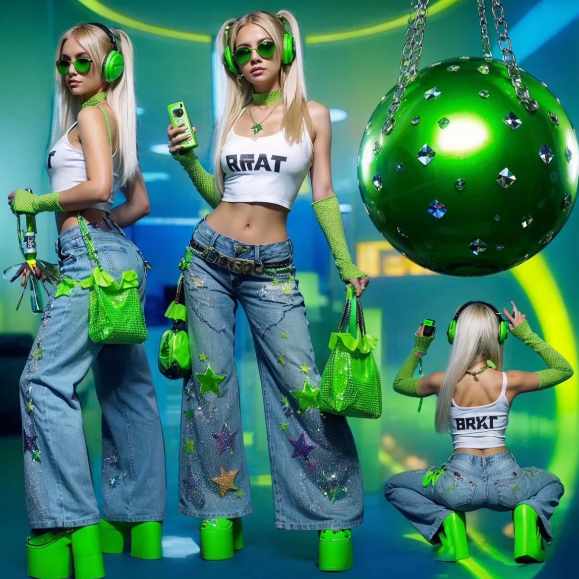 A blonde Russian woman, channeling Y2K clubbing, is pictured full-body, holding a chartreuse green sphere with a fuse and a green Y2K flip phone. She's dressed in a long white Y2K tank top with "brat" in black letters, wired headphones, crystallized baggy blue jeans with chartreuse stars, green latex boots, green sunglasses, and a green Y2K bag, all set against a club background.