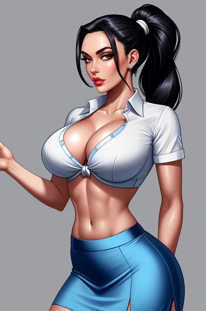 glamorous, short blue plaited skirt, tied white shirt, red bra, midriff, black hair in pony tail