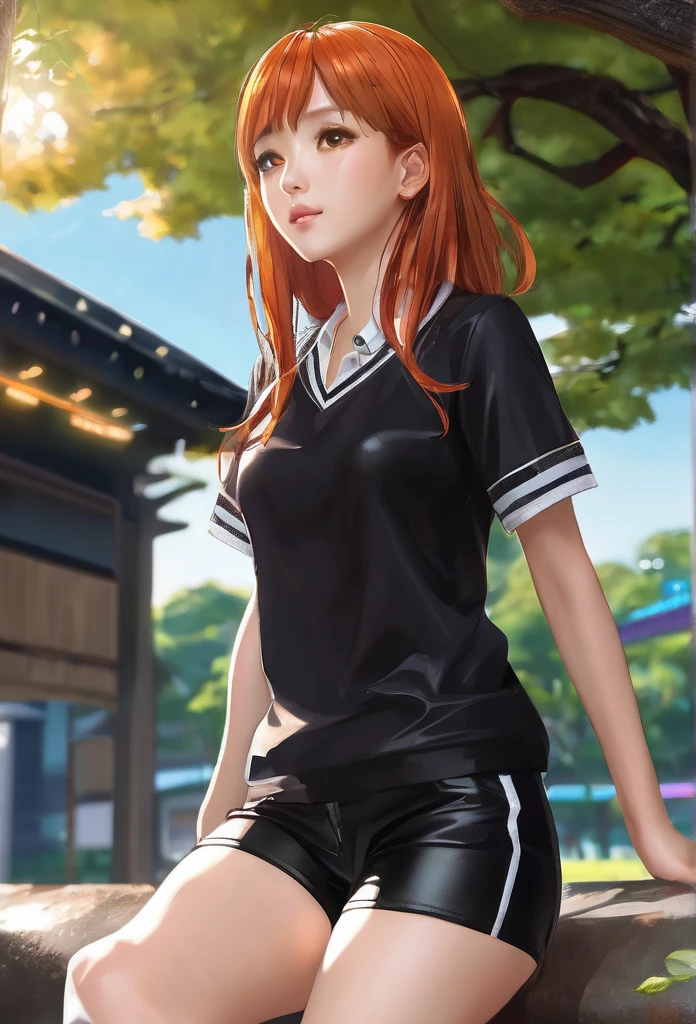 ((highest quality、masterpiece、shining eyes、detailed))、1 cute girl、beautiful face、1girl、young girl、 solo、long hair、cute bangs、 (forehead:1.2)、light brown、(Orange redhead  hair)、 athletic、 neutral、 (baseball shirt、black with white vertical lines 、 open:1.2)、white blouse、 black leather shorts、Fishnet tights、 from below、elegant、 looking at viewer、standing、Isometric light、 (close-up to face:1.3)、4k 