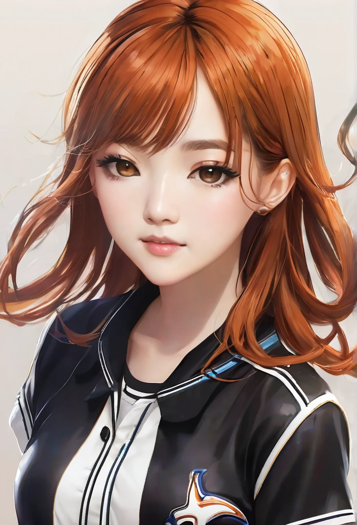 ((highest quality、masterpiece、shining eyes、detailed))、1 cute girl、beautiful face、1girl、young girl、 solo、long hair、cute bangs、 (forehead:1.2)、light brown、(Orange redhead  hair)、 athletic、 neutral、 (baseball shirt、black with white vertical lines 、 open:1.2)、white blouse、 black leather shorts、Fishnet tights、 from below、elegant、 looking at viewer、standing、Isometric light、 (close-up to face:1.3)、4k 
