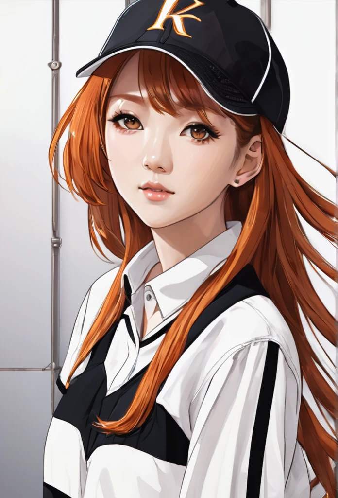 ((highest quality、masterpiece、shining eyes、detailed))、1 cute girl、beautiful face、1girl、young girl、 solo、long hair、cute bangs、 (forehead:1.2)、light brown、(Orange redhead hair)、 athletic、 neutral、 (baseball shirt、black with white vertical lines 、 open:1.2)、white blouse、 black leather shorts、Fishnet tights、 from below、elegant、 looking at viewer、standing、Isometric light、 (close-up to face:1.3)、4k