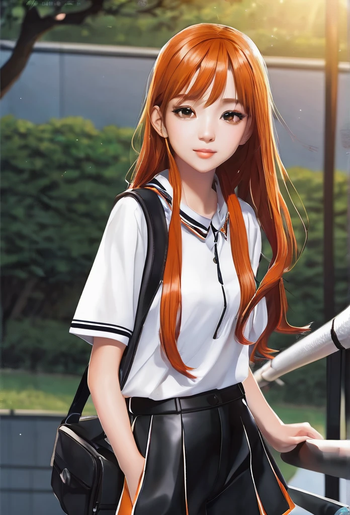 ((highest quality、masterpiece、shining eyes、detailed))、1 cute girl、beautiful face、1girl、young girl、 solo、long hair、cute bangs、 (forehead:1.2)、light brown、(Orange redhead  hair)、 athletic、 neutral、 (baseball shirt、black with white vertical lines 、 open:1.2)、white blouse、 black leather shorts、Fishnet tights、 from below、elegant、 looking at viewer、standing、Isometric light、 (close-up to face:1.3)、4k 