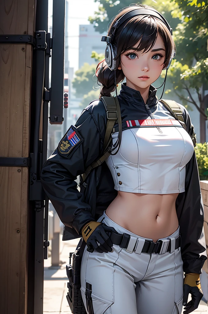 Woman in white holding a rifle and wearing headphones, 24 year old woman, young soldier, mechanized young soldier, Military Girl, beautiful female soldier, Female lead character, Military Girlราบ, Girl's sniper at war, solo female character, Future combat equipment, Half-body close-up, Woman wearing military bulletproof crop top, Show navel, Wear tactical equipment, Wear tactical armor., realistic navel shape