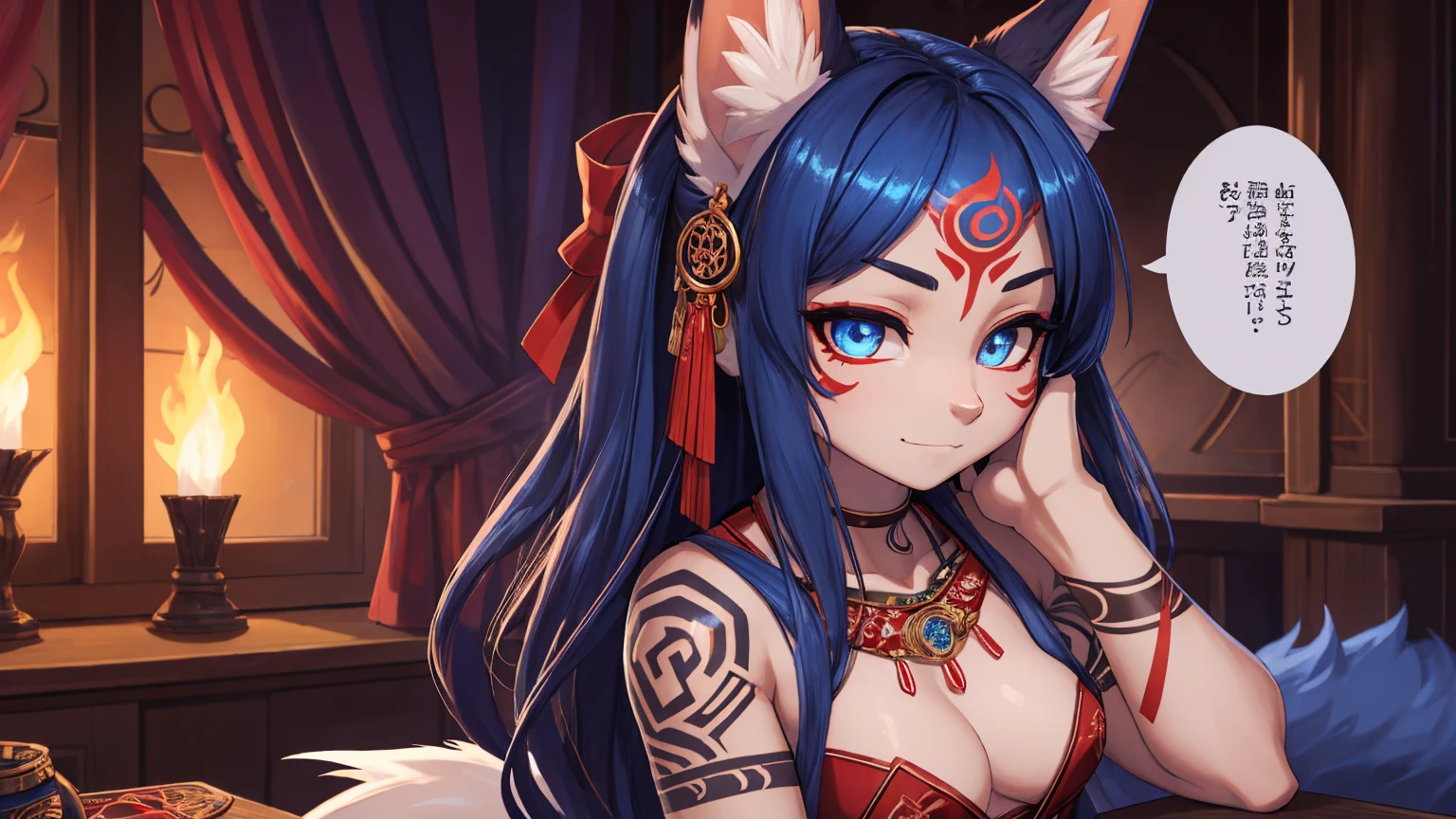 the best definition,(1 ) High Definition, kitsune ears, tribal tattoo, flirtatious girl, Small breasts add_detail, magician girl add_detail, sensual pose, horny girl, expression of sarcasm puts his hands to his face with an expression of mischief add_detail, detailed pupils, deep blue color add_detail:1