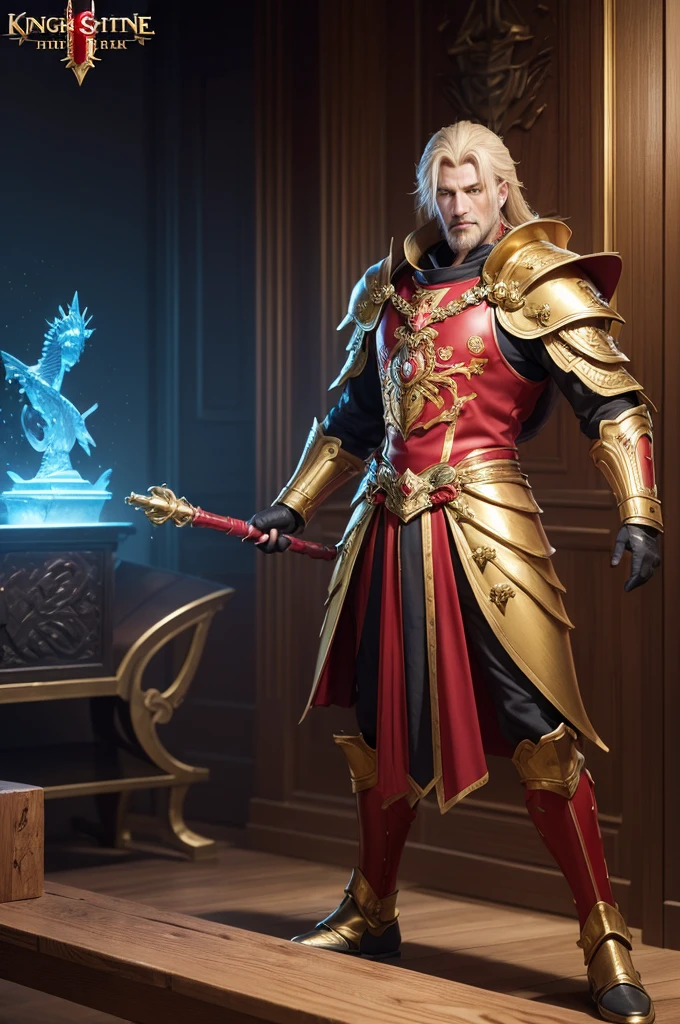 Man dressed in red and gold standing on a wooden bench, Knights of the Zodiac, portrait knights of the zodiac, unreal engine render Knights of the Zodiac, 3d god zeus, Knights of the Zodiac, cushart krenz male key art, in golden aquarium armor, detailed anime digital art, girl in armor, 3d rendering official art., golden armour