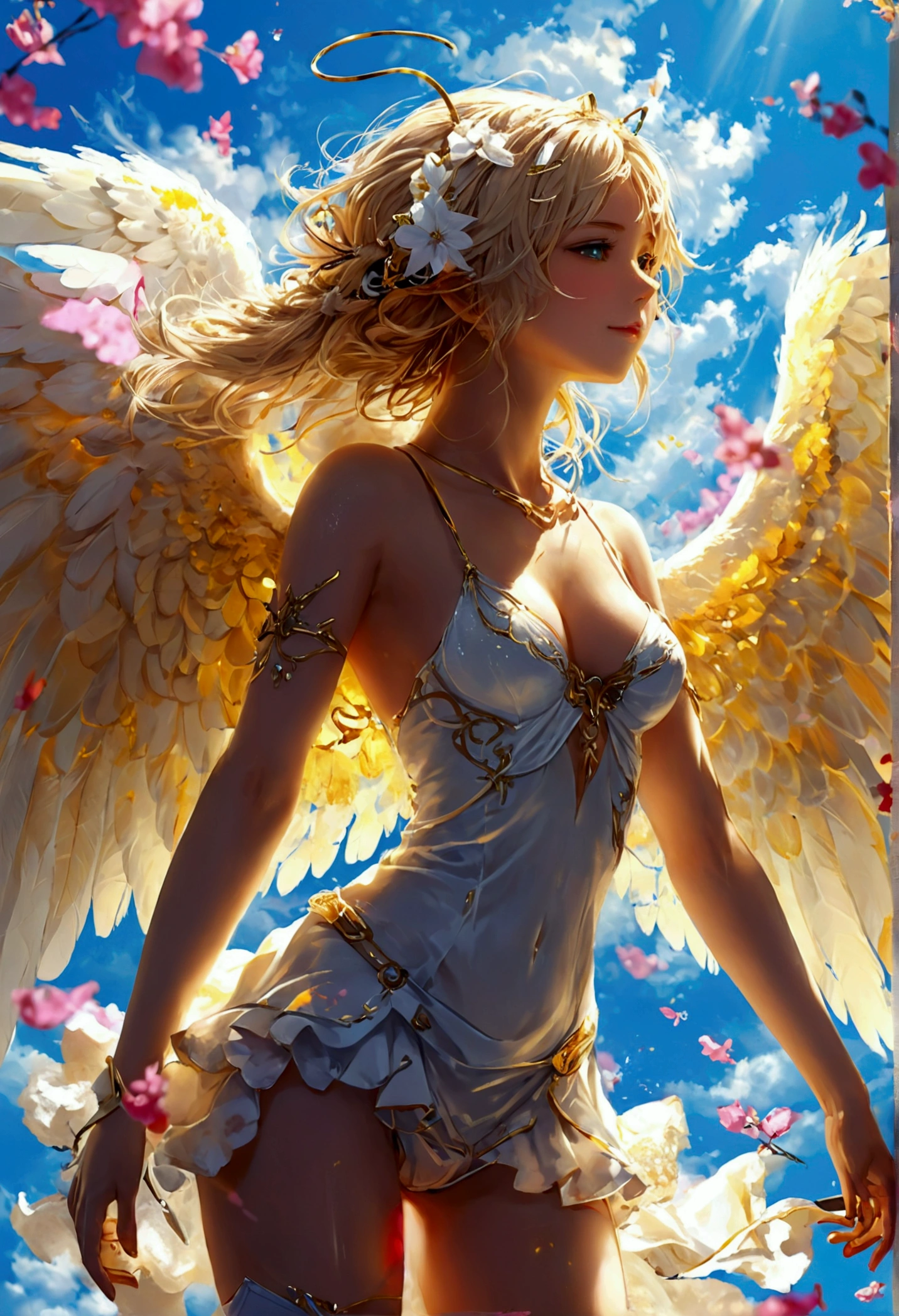 Garota de anime com asas de angel e um halo em sua cabeça, angelic wings on her back, angel largo, angel majestoso de corpo inteiro, super angel largo, top rated on PIXIV, by Shitao, angel, commission for high resolution, possivelmente um angel, angel baixo, epic angle and pose, oc commission, fullbody commission for, PIXIV