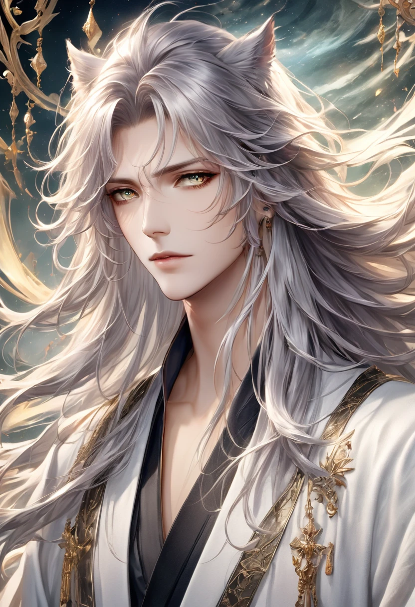 (masterpiece, 8K, Absurd, Digital Art, Digital Illustration, Realistic, Very detailed, Realistic lighting), (Perfect Face, Perfect Eyes, Perfect body), male,1 person, Adult,male的な,Person with long hair, Portrait of the Magical Silver-Haired Prince, ((Beautiful Fantasy Empress)), Beautiful androgynous prince, A delicate androgynous prince, anime key visual of elegant, Long, flowing, gorgeous silver hair, Anime Art Nouveau Space Display, Detailed Key Anime Art, Shadowverse Style, Flowing hair and long robes