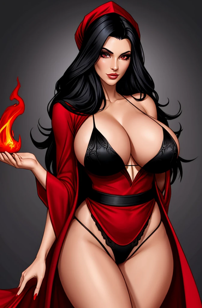 sorceress. sexy red robe, black panties, black hair, blank background