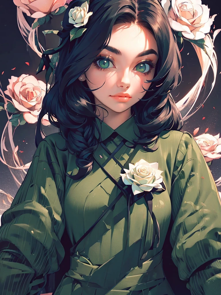 ((masterpiece, best quality)),best aesthetic,1girl, solo, long hair, black dress, flower, ribbon, black background, black hair, rose, hair ribbon, green eyes, long sleeves, white rose, closed mouth, black ribbon, upper body, cinematic lighting