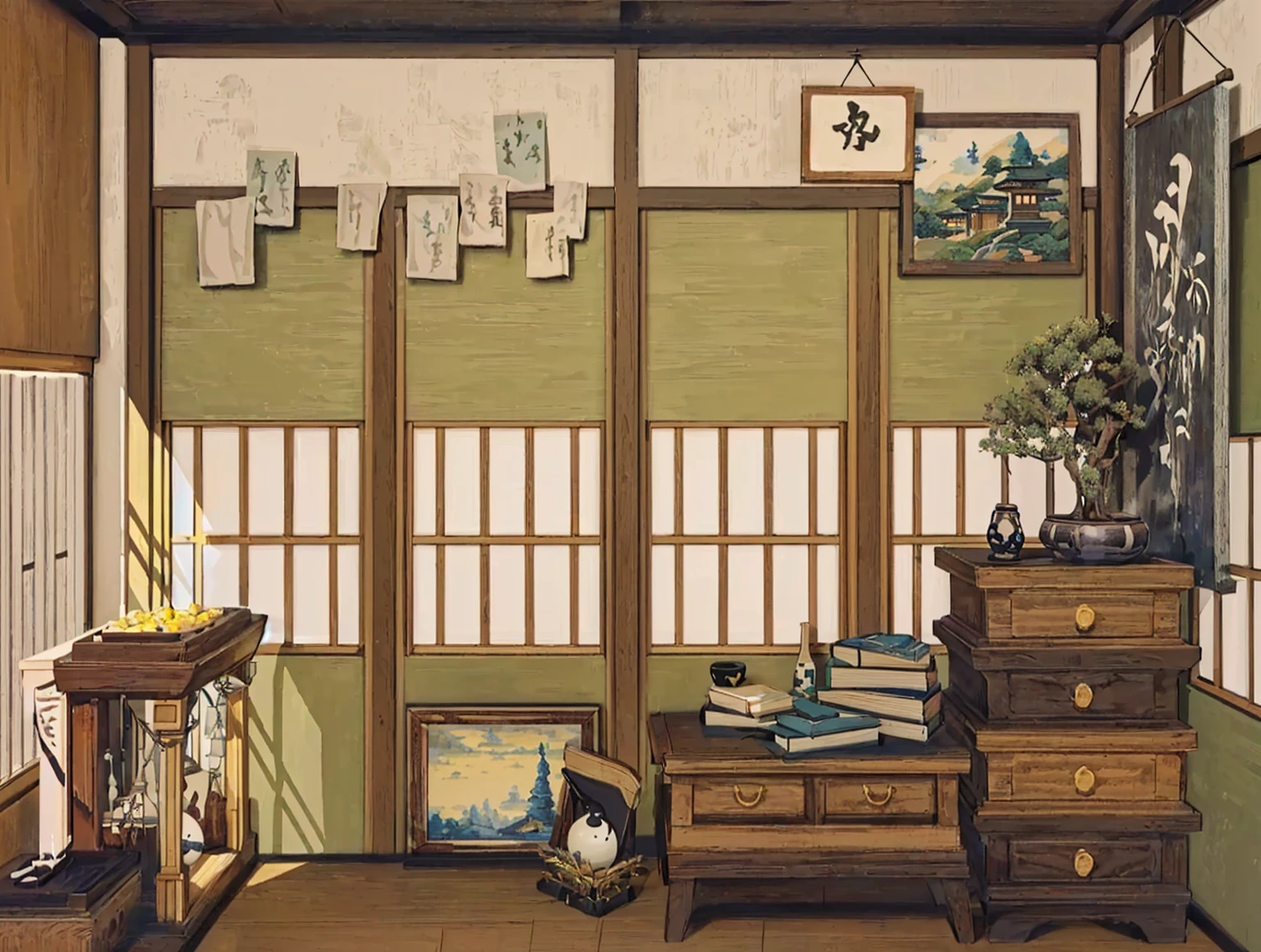 There is a room，There are a lot of furniture and a window inside, Personal room background, Inspired by Yoshida Toshi, room of the nameless painter, Japanese Houses, Studio Ghibli bedroom, Inspired by Watanabe Shotasu, Anime Background Art, Studio Ghibli Aesthetics, Japanese influence, Warm home background, Detailed scenery —width 672